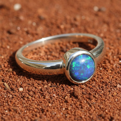 9ct Gold 6mm Round Solid Opal Bezel Set Ring - Size N