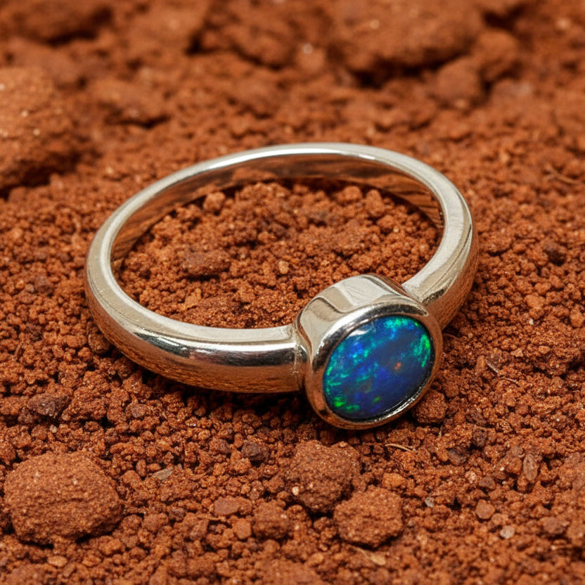 9ct Gold 6mm Round Solid Opal Bezel Set Ring - Size N