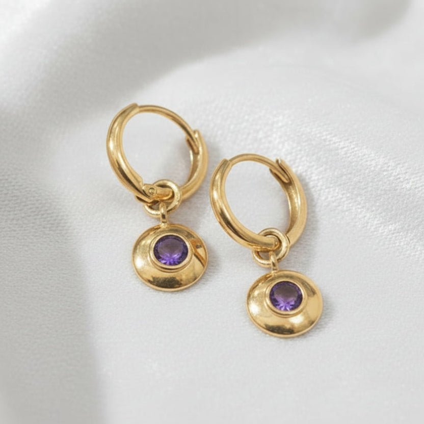 9ct Gold Huggie Earrings with Round Amethyst Disc Drop