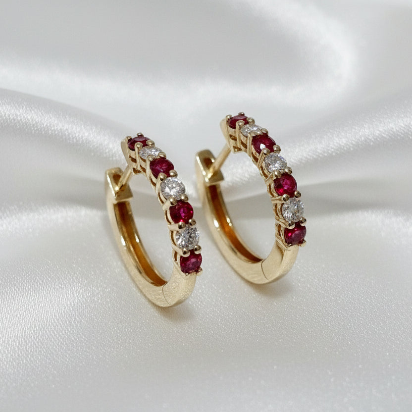 9ct Gold Lab Grown Ruby & Diamond Huggie Earrings
