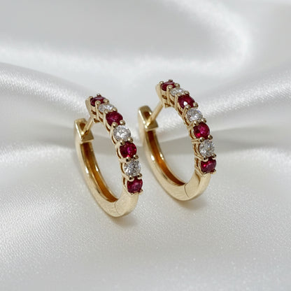 9ct Gold Lab Grown Ruby & Diamond Huggie Earrings