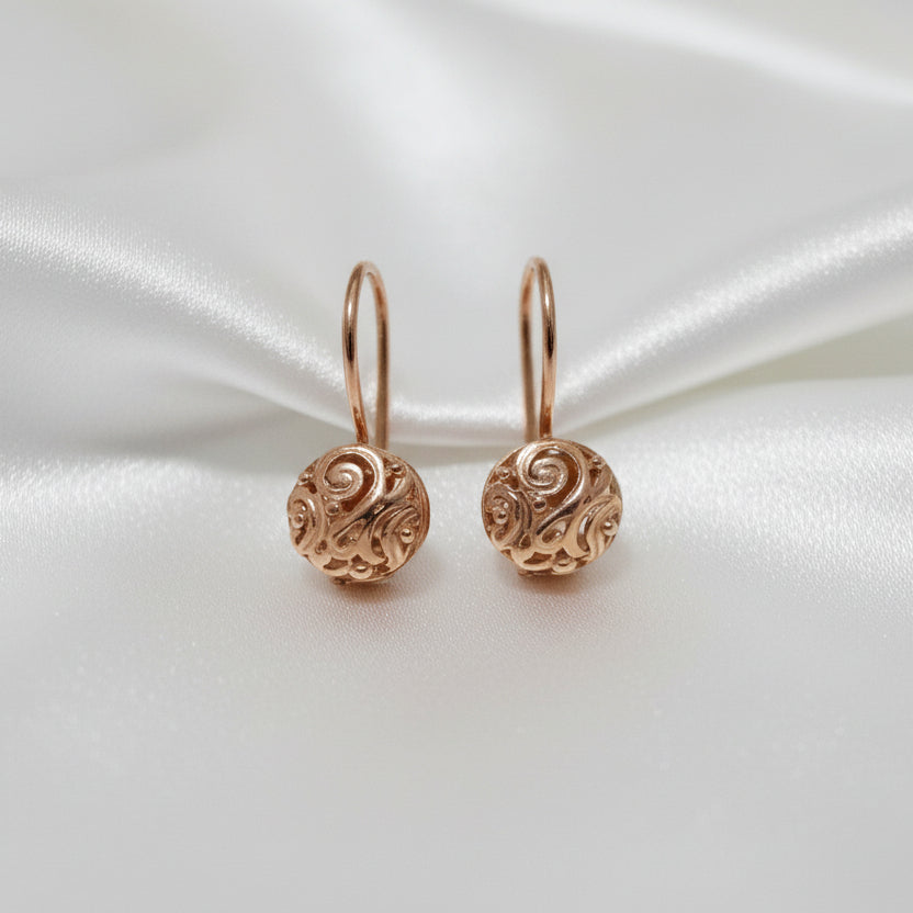9ct Rose Gold Earrings with Round Filigree Drop