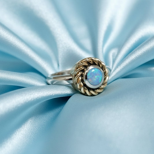 Crystal Opal Sterling Silver Ring with 9ct Yellow Gold Twist surround