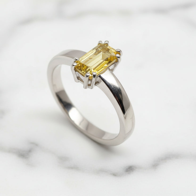 9ct White Gold Emerald Cut WA Heliodor Ring - Size O