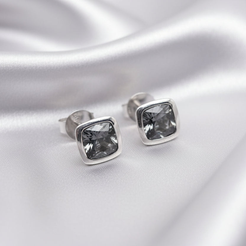 Russ Studios 9ct White Gold & Cushion Cut Grey Spinel Bezel Set Stud Earrings