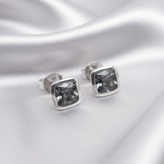 Russ Studios 9ct White Gold & Cushion Cut Grey Spinel Bezel Set Stud Earrings