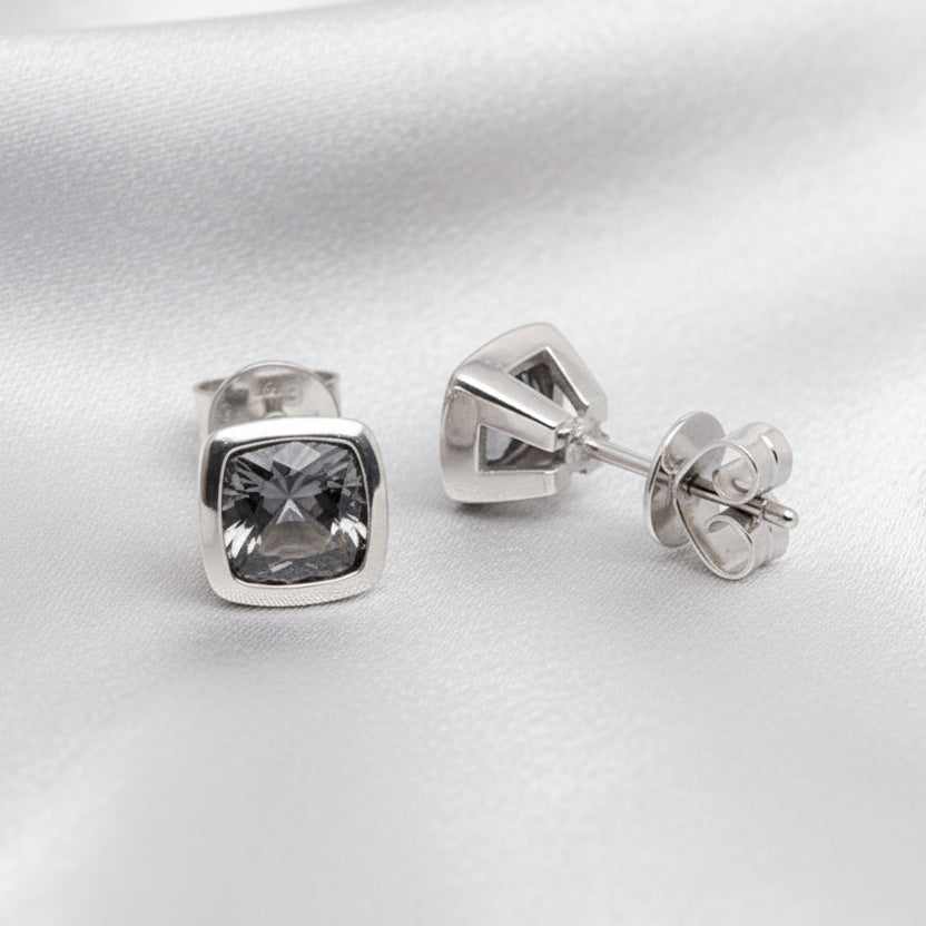 Russ Studios 9ct White Gold & Cushion Cut Grey Spinel Bezel Set Stud Earrings