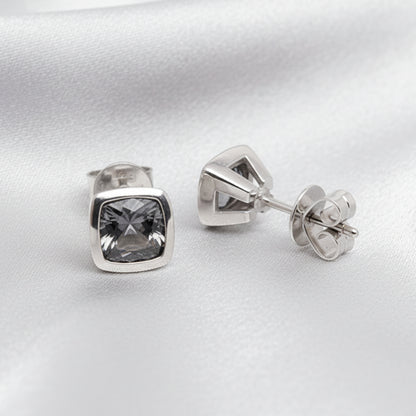 Russ Studios 9ct White Gold & Cushion Cut Grey Spinel Bezel Set Stud Earrings