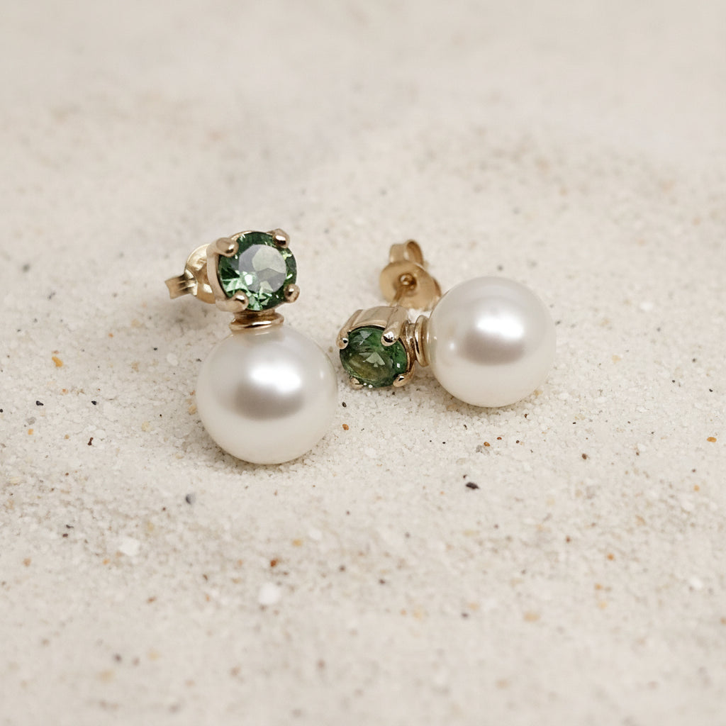 Russ Studios 9ct Yellow Gold, Tourmaline & South Sea Pearl Stud Earrings