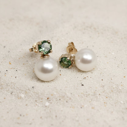 Russ Studios 9ct Yellow Gold, Tourmaline & South Sea Pearl Stud Earrings