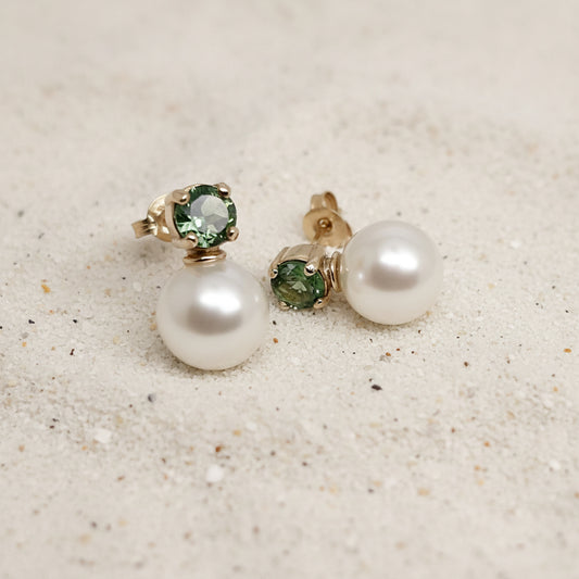 Russ Studios 9ct Yellow Gold, Tourmaline & South Sea Pearl Stud Earrings