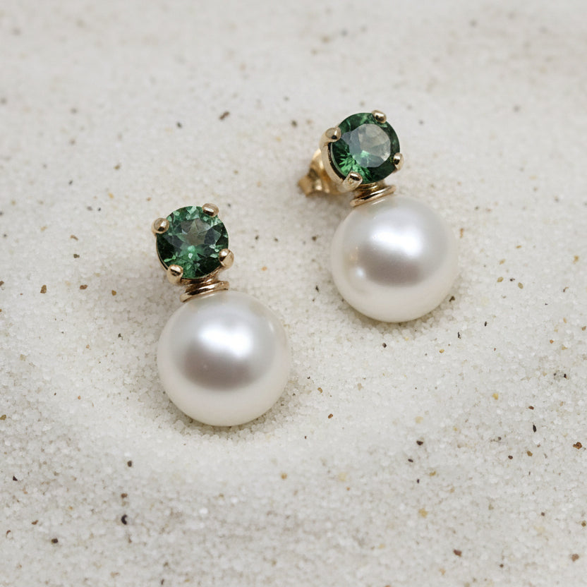 Russ Studios 9ct Yellow Gold, Tourmaline & South Sea Pearl Stud Earrings
