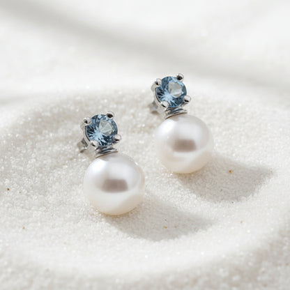 Russ Studios 9ct White Gold, Aquamarine & South Sea Pearl Stud Earrings