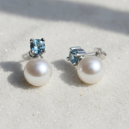 Russ Studios 9ct White Gold, Aquamarine & South Sea Pearl Stud Earrings