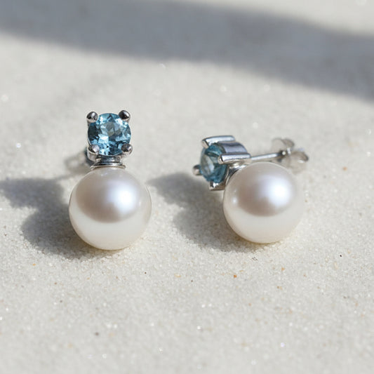 Russ Studios 9ct White Gold, Aquamarine & South Sea Pearl Stud Earrings