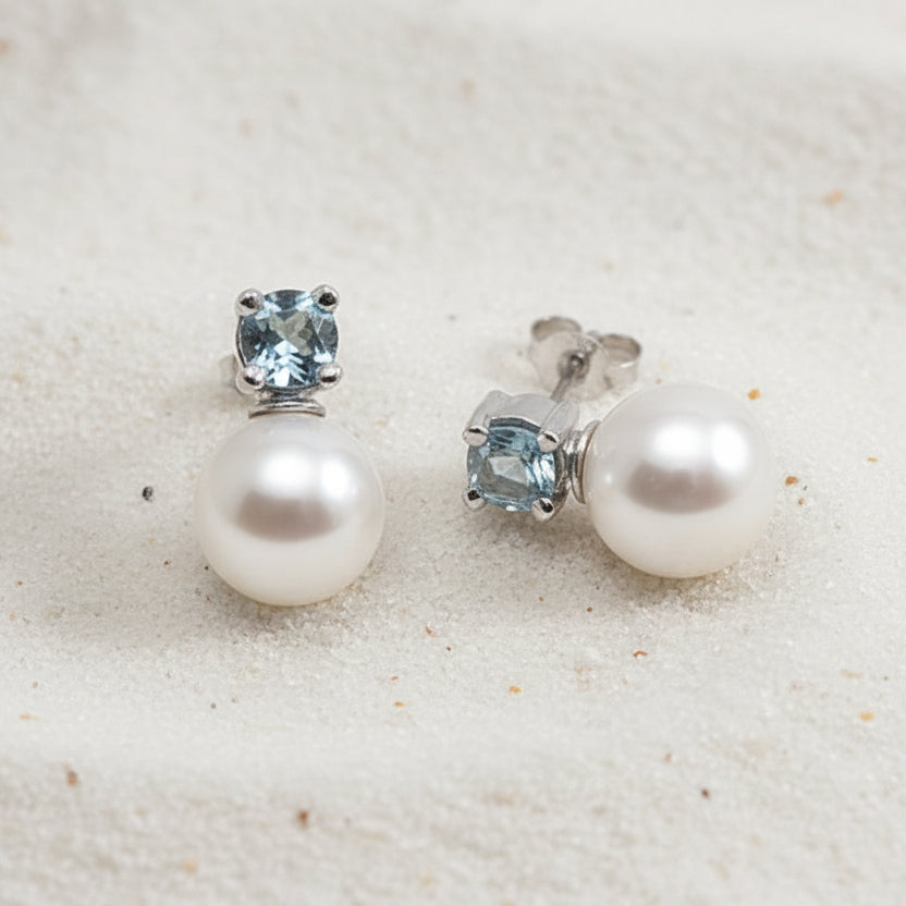 Russ Studios 9ct White Gold, Aquamarine & South Sea Pearl Stud Earrings