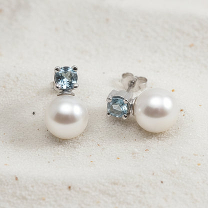 Russ Studios 9ct White Gold, Aquamarine & South Sea Pearl Stud Earrings