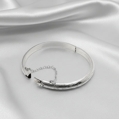 Sterling Silver Patterned Hinged Baby Bangle with Safety Chain