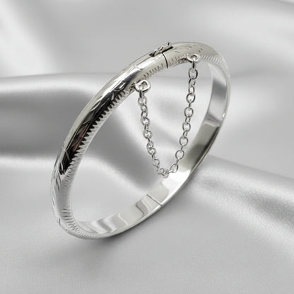 Sterling Silver Patterned Hinged Baby Bangle with Safety Chain