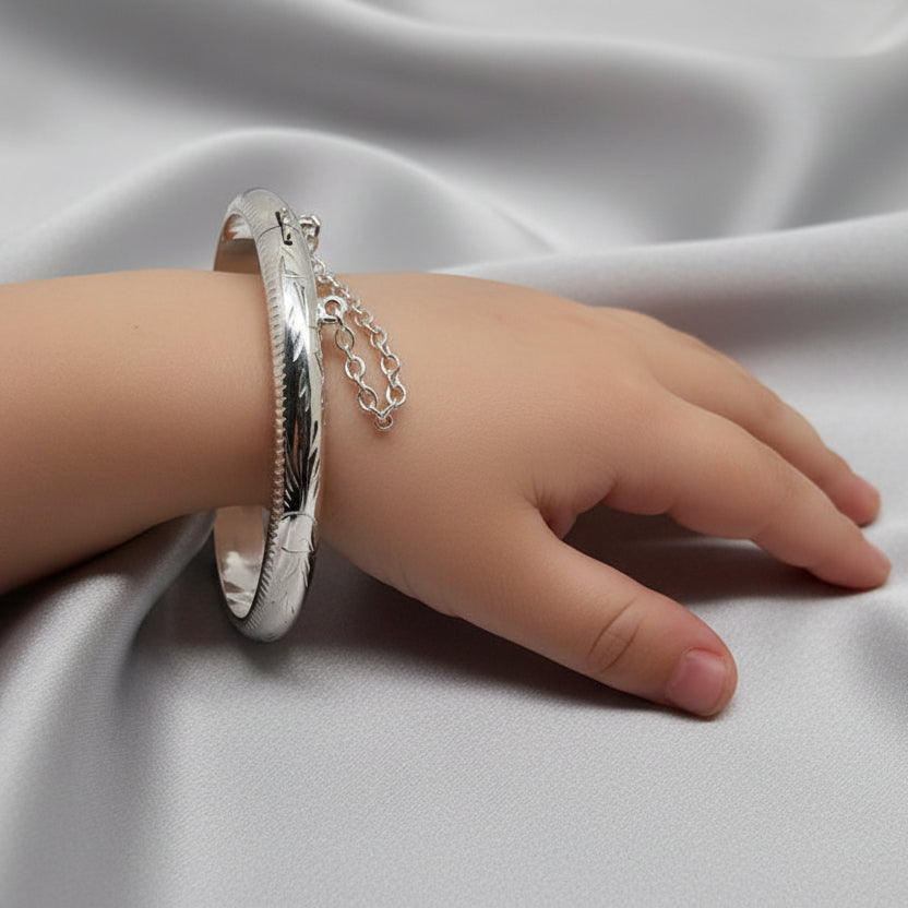 Sterling Silver Patterned Hinged Baby Bangle with Safety Chain