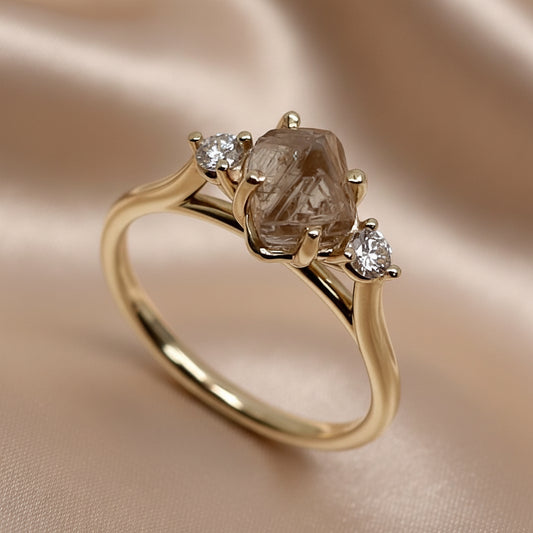 9ct Gold Kimberley Champagne Argyle Rough & Argyle Round Diamond Trilogy Ring
