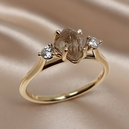 9ct Gold Kimberley Champagne Argyle Rough & Argyle Round Diamond Trilogy Ring