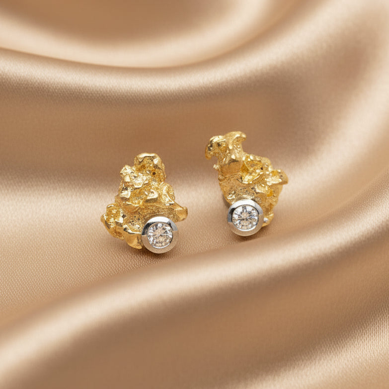 18ct Yellow & White Gold Nugget & Argyle Diamond Stud Earrings