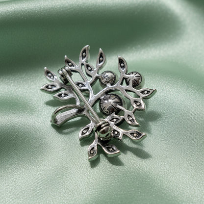 Sterling Silver Marcasite & Pearls Branch Brooch