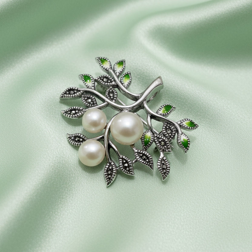 Sterling Silver Marcasite & Pearls Branch Brooch