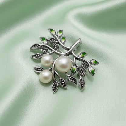 Sterling Silver Marcasite & Pearls Branch Brooch