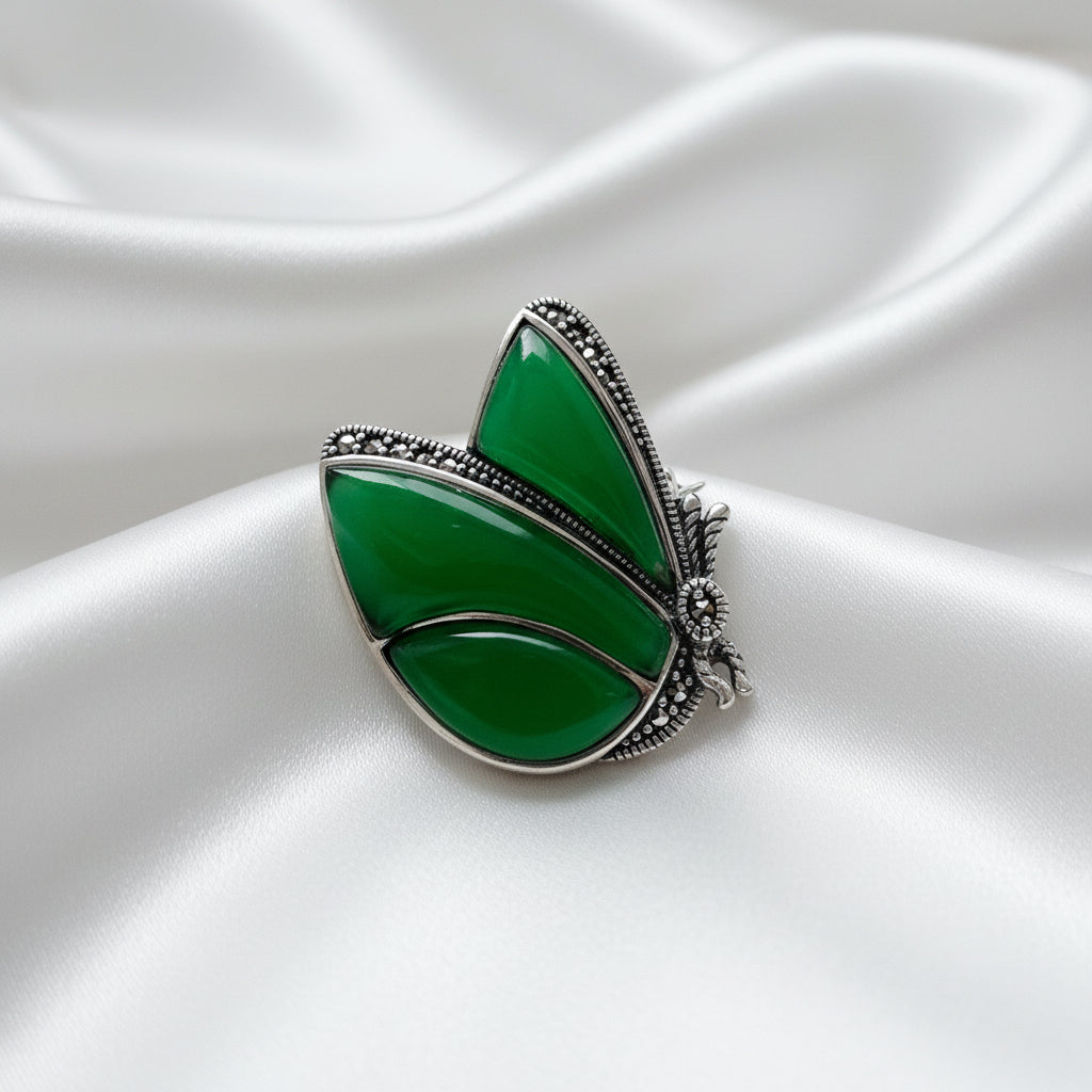 Sterling Silver Green Agate Butterfly Brooch