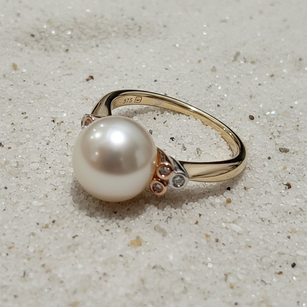 9ct Gold South Sea Pearl & Argyle Pink Diamonds Ring - Size O