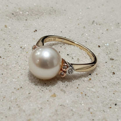 9ct Gold South Sea Pearl & Argyle Pink Diamonds Ring - Size O