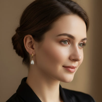 Sterling Silver Baroque White Pearl Drop Earrings - Gold Rhodium Finish