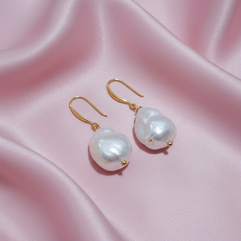 Sterling Silver Baroque White Pearl Drop Earrings - Gold Rhodium Finish