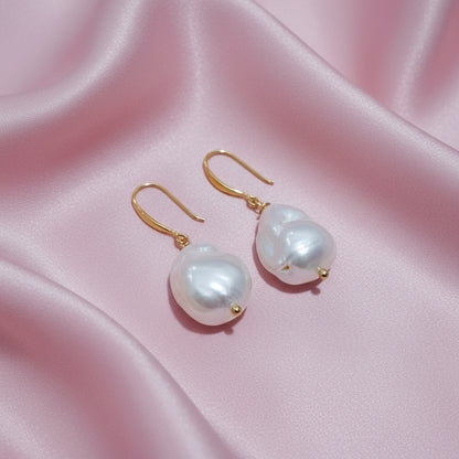 Sterling Silver Baroque White Pearl Drop Earrings - Gold Rhodium Finish