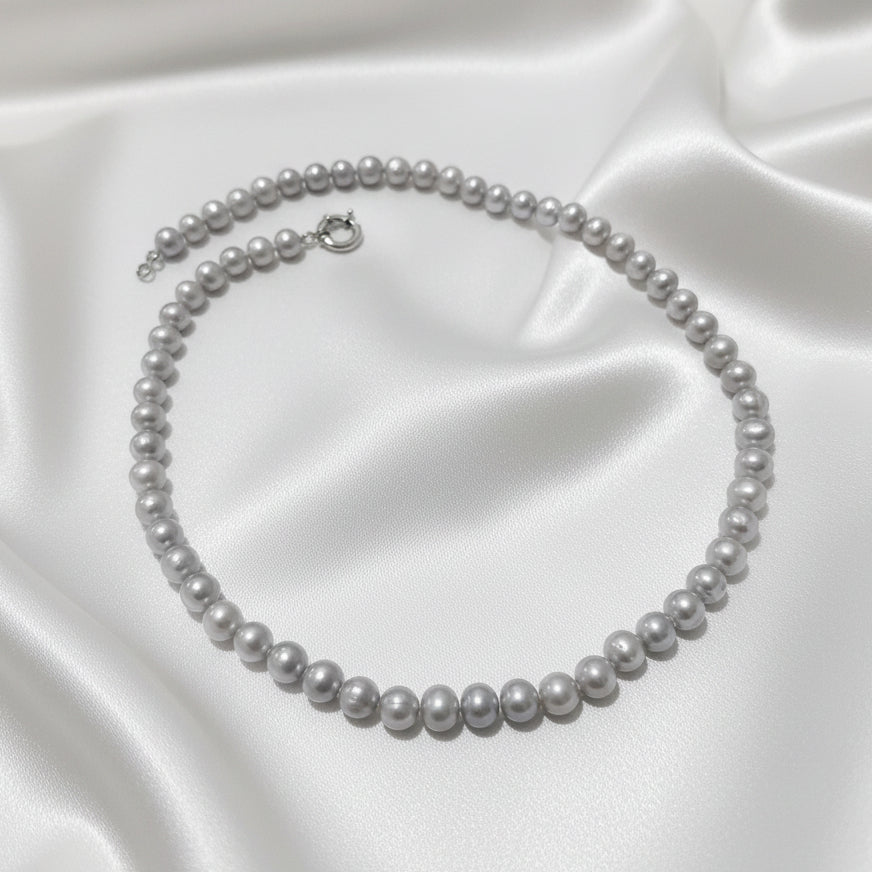 LOONA Grey Freshwater Pearl Necklace with Sterling Silver Bolt Ring Clasp - 50cm