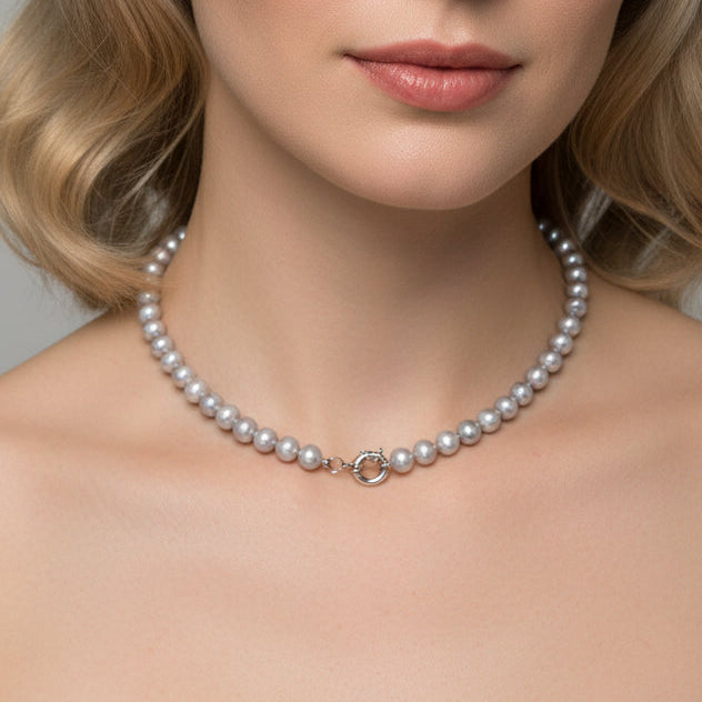 LOONA Grey Freshwater Pearl Necklace with Sterling Silver Bolt Ring Clasp - 50cm