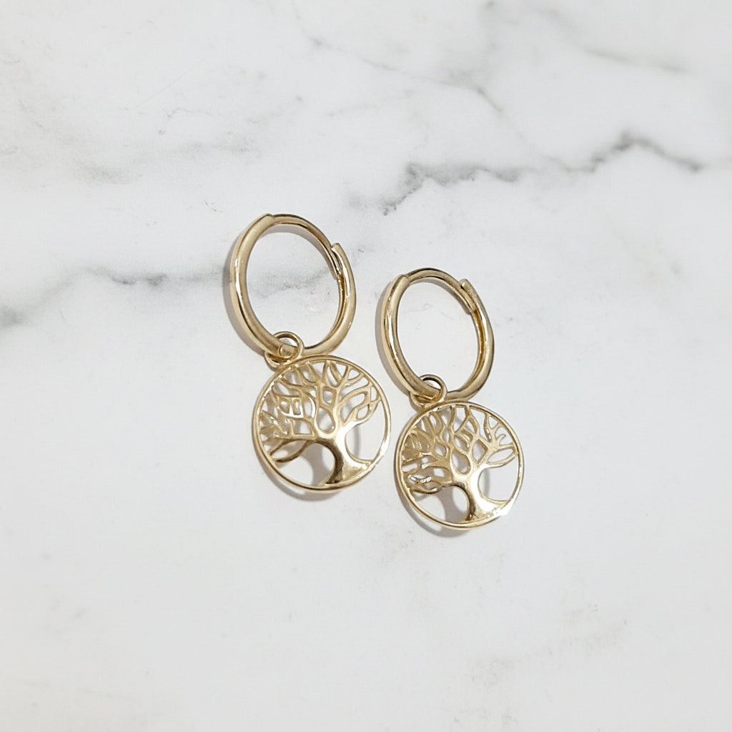 9ct Gold Huggie Earrings with Tree of Life Charm