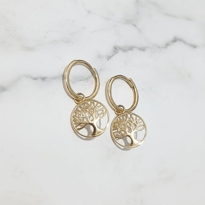 9ct Gold Huggie Earrings with Tree of Life Charm