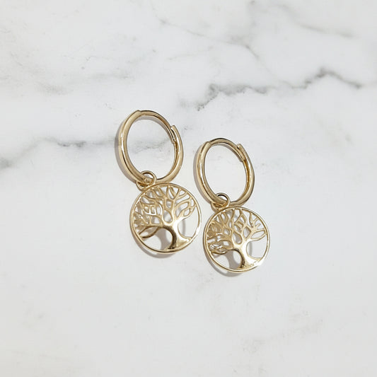 9ct Gold Huggie Earrings with Tree of Life Charm