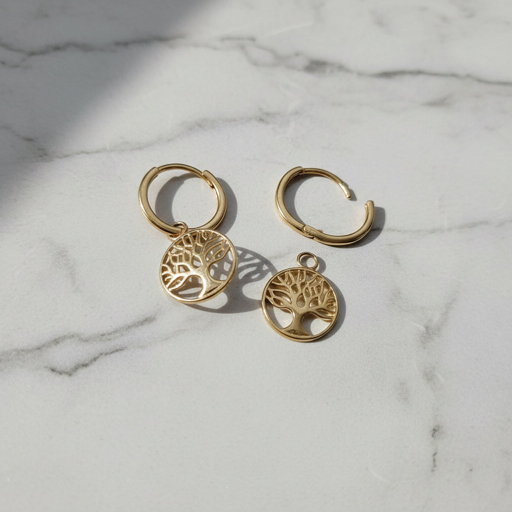 9ct Gold Huggie Earrings with Tree of Life Charm