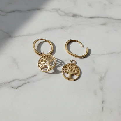 9ct Gold Huggie Earrings with Tree of Life Charm