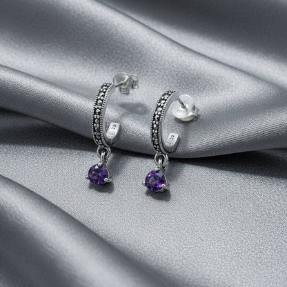 Sterling Silver Marcasite Half Hoop Stud Earrings with Amethyst Drop