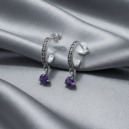 Sterling Silver Marcasite Half Hoop Stud Earrings with Amethyst Drop