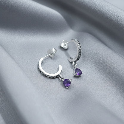Sterling Silver Marcasite Half Hoop Stud Earrings with Amethyst Drop