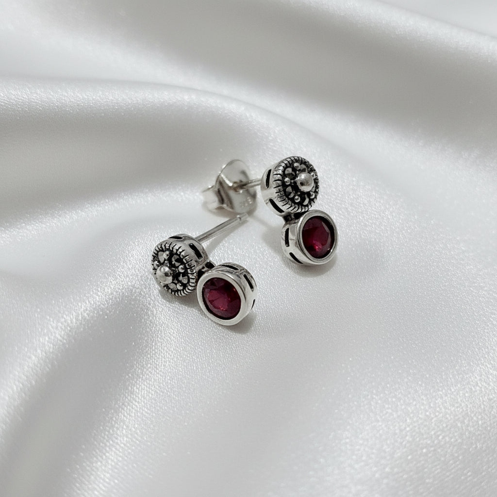 Sterling Silver Marcasite & Ruby Stud Earrings