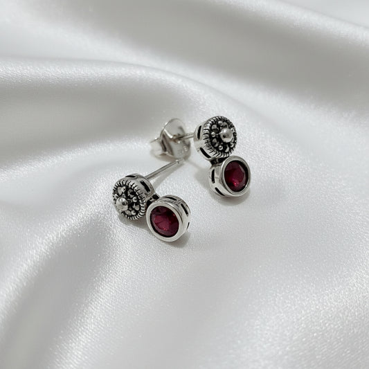 Sterling Silver Marcasite & Ruby Stud Earrings