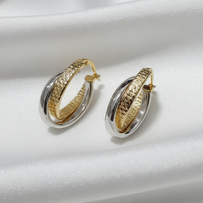 Silver Filled 2 Tone Crossover Oval Patterned Hoop Earrings