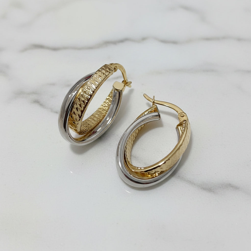 Silver Filled 2 Tone Crossover Oval Patterned Hoop Earrings